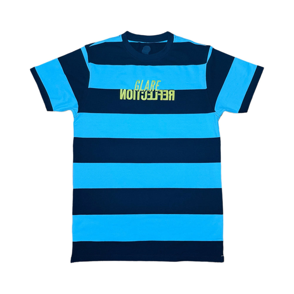 Blue and navy striped t-shirt with yellow text on a white background